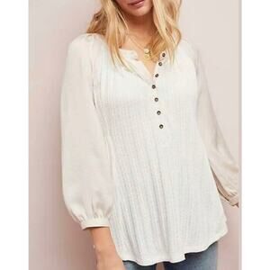 Anthropologie Top Women's Small Meadow Rue Blouse Pink White Satin Puff Sleeves